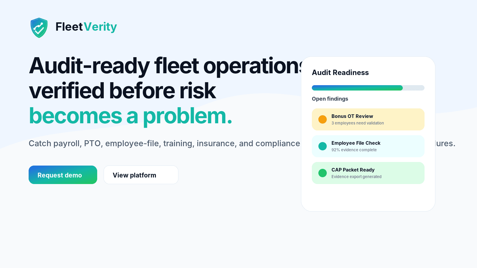Fleet Verity audit readiness dashboard preview